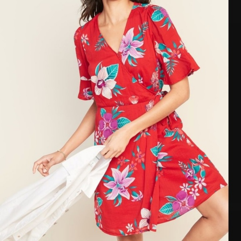 Old Navy Red Floral True Wrap Mini Dress with Purple and Teal Flowers